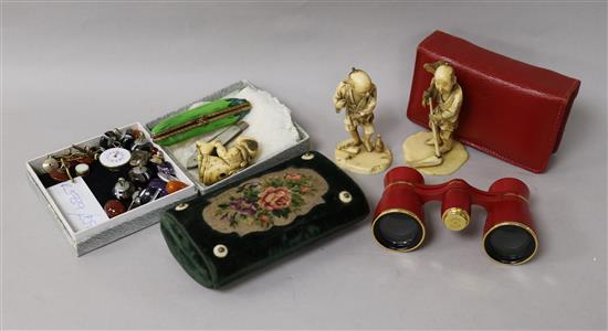 A quantity of mixed jewellery and three Japanese figures